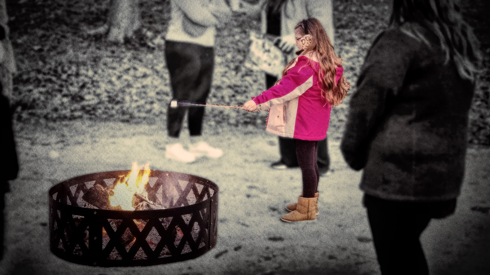 young girl in pink parka holds a marshmallow stick over a small fire