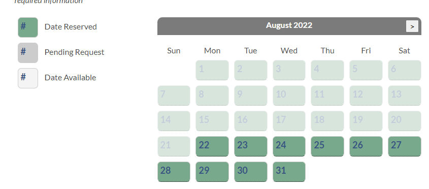 A picture of the online calendar found in the online reservation form