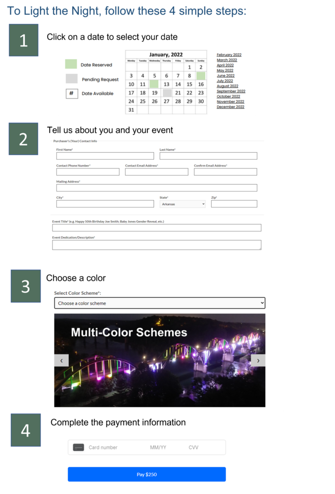 An online reservation form showing 4 steps: 1) click on a date to see if the bridge is available, 2) tell us about your events, 3) choose the bridge colors, 4) submit payment