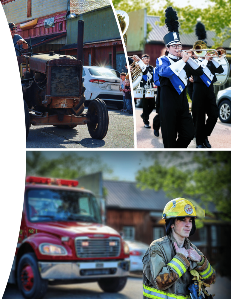 Collage of Trout Fest photos including a band, firetruck, and fireman 
