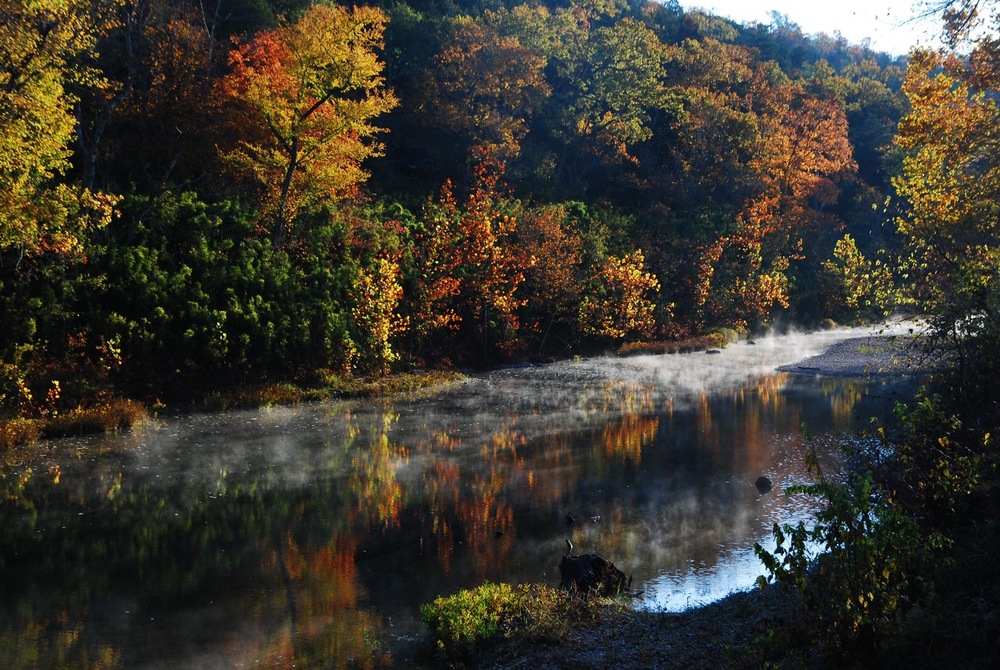 water with fall colored trees 