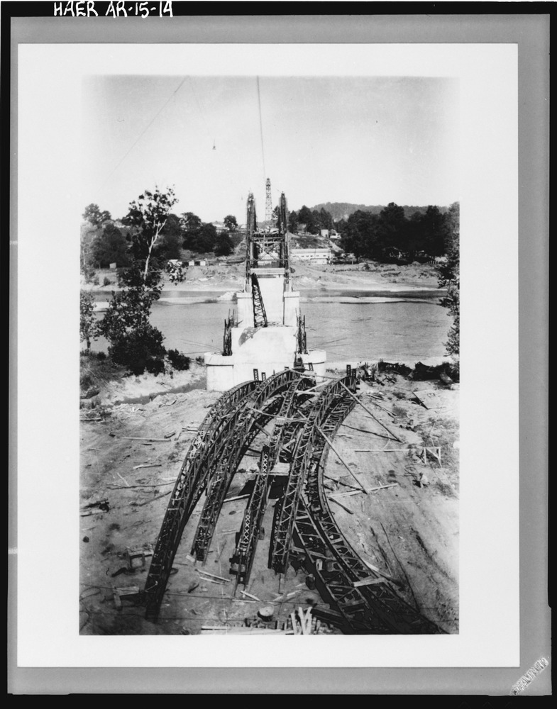View of bridge under construction, showing steel arches in foreground - Cotter Bridge, spanning White River at U.S.Highway 62, Cotter, Baxter, AR.