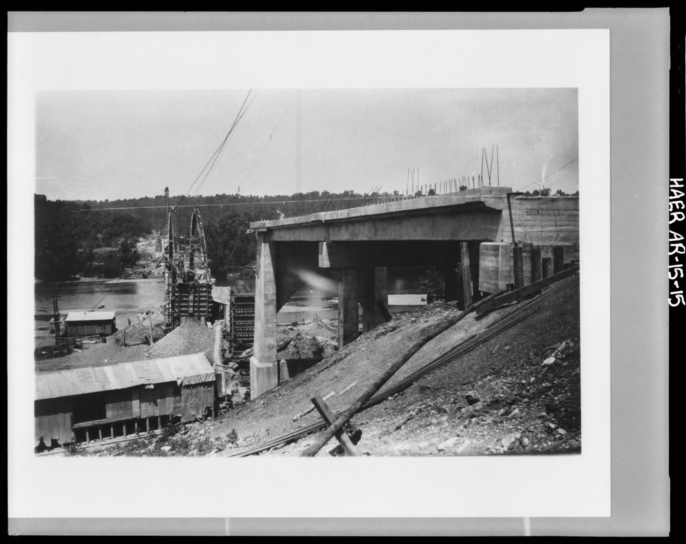 View, looking West, showing bridge under construction with approach span in the foreground - Cotter Bridge, spanning White River at U.S. Highway 62, Cotter, Baxter County, AR.