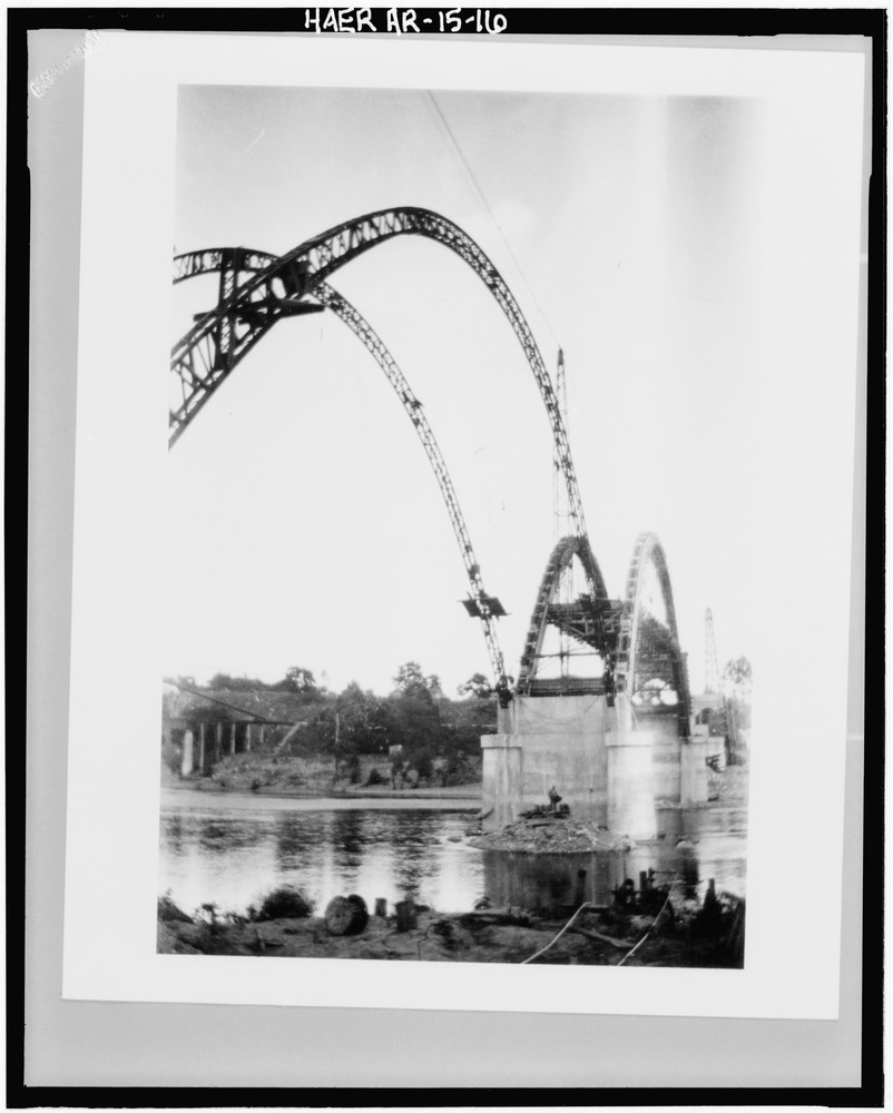 View, looking west, showing arches under construction - Cotter Bridge, spanning White River at U.S. Highway 62, Cotter, Baxter County, AR