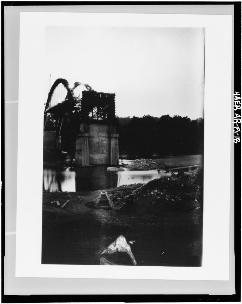 View of bridge under construction, taken at night - Cotter Bridge, spanning White River at U.S. Highway 62, Cotter, Baxter County, AR.