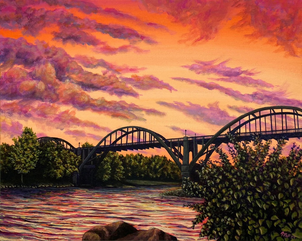 bridge and sunset painting