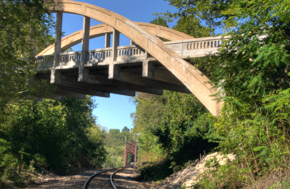 View of Cotter Bridge from train tracks that run under the bridge
